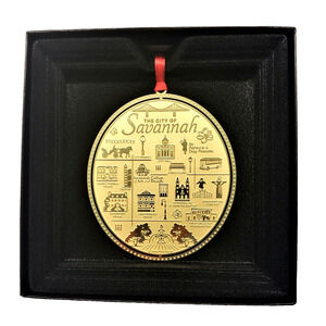 Savannah Georgia City Landmarks Brass Ornament, Made in USA